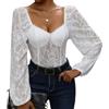AIEOE Body da donna in pizzo con scollo quadrato e maniche a palloncino, elegante a maniche lunghe, con chiusura a strappo, sexy, trasparente, per feste, clubwear nero, bianco, S-XL