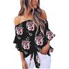 OHXSM Camicette da donna con spalle scoperte con stampa annodata sul maniche a 3/4 camicette da donna top con spalle scoperte maniche a 3/4 t-shirt con nodo a cravatta camicette da donna con spalle scoperte