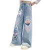 Generic Jeans con stampa animali carini per ragazze elastico in vita gamba larga pantaloni larghi in denim per bambini a vita alta gamba dritta jeans estetici alla moda pantaloni da scuola Y2K, Blu, 9-10 Anni