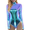 Generico Costume Astronauta Donna Carnevale in Pvc Lucido Vestito Alieno Elegante con Colletto Alto e Maniche Lunghe Body per Gonna Tulle Curvy da Cosplay, Halloween, Feste, Cheerleader, Discoteca