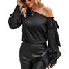 VIDUSSA Camicie da donna in seta con spalle scoperte casual maniche corte asimmetriche collo in raso camicetta, Black Long Sleeve, XL
