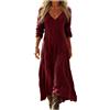 Gienslru Vestito Lungo Donna Estivo Boho Chic in Lino Effetto, Maxi Abito Floreale Vintage con Scollo a V e Maniche Lunghe, Elegante con Tasche per Mare Vacanza Cerimonia Primavera Estate Taglie Forti Curvy