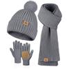 LOROME Set invernale da donna, berretto e sciarpa, guanti, in pile lavorato a maglia, con pompon e sciarpa calda, guanti touchscreen, regalo invernale, Grigio, 12.2 * 8.27 inch