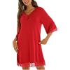 DSKK Camicia da Notte da Donna Camicia da Notte Casual con Scollo a V Manica 3/4 in Pizzo (Rosso,L)