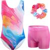 XiaoMoSha Set di body da ginnastica da bambina, 3 pezzi, senza maniche, con pantaloncini e fascia per capelli, colore sfumato scintillante, per danza classica, ginnastica, per bambini dai 3 ai 12