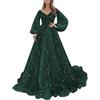 Generisch Abito da sposa lungo, da donna, elegante, in tulle, in pizzo, a maniche lunghe, da principessa, con brillantini, tinta unita, maxi abito da ballo, vintage, per la mamma, verde, XXL