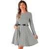 Allegra K Abito Scozzese Pied de Poule da Donna con Maniche Lunghe Collo Rotondo e Tasche con Cintura Abito a Trapezio Nero Bianco S