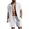 Bauzuoyo Pigiama estivo in lino, 2 pezzi, da uomo, casual, con pantaloncini e t-shirt, set elegante, per il tempo libero, in tinta unita, leggero, a maniche corte, con bottoni e risvolto, bianco, L