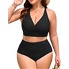Nadeer Due Pezzi Taglie Forti Bikini Donna Mare Curvy Vita Alta Push Up Estate Effetto Snellente Costume da Bagno Donna Due Pezzi(L,Nero)