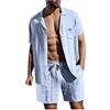 Bauzuoyo Pigiama estivo in lino, 2 pezzi, da uomo, casual, con pantaloncini e t-shirt, set elegante, per il tempo libero, in tinta unita, leggero, a maniche corte, con bottoni e risvolto, Azzurro, L