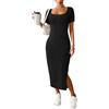 CFLONGE Abiti casual da donna 2025 estate a costine manica corta aderente maxi abito lungo in maglia con spacco laterale scollo quadrato