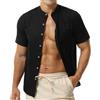 HOEREV Camicia Uomo Manica Corta Misto Lino Cotone, Collo alla Coreana