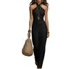 Generic Abito Lungo da Donna con Scollo all'Americana Incrociato, Spalle Scoperte, Senza Maniche, Aderente, Estivo, Casual, Boho