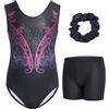 Gogokids - Set di tuta da ginnastica senza maniche per ragazze, in tre pezzi con pantaloncini e elastico per capelli, Outfit da ginnastica per bambini con scavature e design incrociato, tuta da ballo
