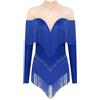 inlzdz Body da Pattinaggio Artistico Donna con Nappa Bodysuit Patchwork a Rete Strass Leotards Danza Classica Moterna Abito da Ballo Tango Latino Americano Blu L