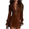 Generic Mini abito da donna vintage in finta pelle scamosciata con stampa floreale a maniche lunghe con zip in pizzo una linea aderente abiti corti con scollo a V abito maglione per le donne, Marrone, S