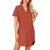 Lovasy Camicia da Notte Donna in Cotone Manica Corta Scollo a V Sexy Sottoveste Curvy con Bottoni Davanti Abito da Notte Estiva con Tasche,B-Rosso Mattone,L