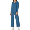 Foweknow Tuta da donna in cotone e lino, a due pezzi, a maniche lunghe, girocollo, top + pantaloni, tuta da jogging con gamba larga, set sportivo traspirante, Blu, 5XL
