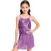 LOLANTA Paillette Frange Danza Costume Bambina, Abiti Ballo Latino Salsa Rumba Bambini, Mini Abito Completo Ballo Senza Maniche con Nappe e Pantaloncini, Viola, 4-5 Anni, 110