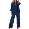 Meaunzyl Completo Donna Elegante Casual Cotone E Lino Pantalone Lungo Estivo Tuta Elegante Tinta Unita Larghi Camicia + Pantaloni Palestra Curvy Set Due Pezzi Comodo Primavera Maniche 3/4 Set Spiaggia