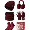 PASUDA Donna Inverno Cappello Sciarpa e Touchscreen Guanti Set Caldo Scaldacollo Foderato Pile Berretto Sciarpa a Maglia Scaldaorecchie in Peluche Calze 5 Pezzi (Rosso Vino, One Size)