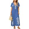 YouKD Abito estivo in cotone ricamato floreale sciolto caftano Boho Beach Bikini Cover Up Dress Plus Size Robe per le donne, I Blu Dorato, Etichettalia unica