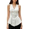 RWGSNB Canotta Donna Elegante, Canotte Raso Donna Bianche Ampie con Orlo a Peplo Scollo V Blazer Gilet Bottoni Eleganti Raso Senza Maniche Camicie Estive Casual Lavoro Magliette per Uscire Taglia XS