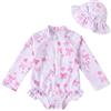 WKTRSM Costumi Interi per Ragazze Maniche Lunghe con Cerniera 0-3 Anni, Costume da Bagno Bambina, UV 50+ con Cappuccio, Elastico Morbido Stampato Fragola Fiore Fiocco