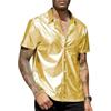 MANJIAMEI Camicia a maniche corte da uomo, in metallo lucido, button-down-discoteca, con colletto a risvolto scintillante, liscia, senza pieghe, taglio solido e sottile