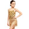 LOLANTA Paillette Frange Danza Costume Bambina, Abiti Ballo Latino Salsa Rumba Bambini, Mini Abito Completo Ballo Senza Maniche con Nappe e Pantaloncini, Oro, 11-12 Anni, 160