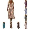 Generico Vestito Donna Estivo in Cotone Lino Abito Cerimonia Donna Scollo A V Manica 3/4 Copricostume Donna Mare Curvy Lungo Vestiti Boho Elegante Spiaggia Vintage Geometrico