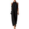 BIKETAFUWY Abito lungo da donna maxi abito da donna estivo caftano senza schienale | lino leggero, collo alto arricciato, volant laterali, senza maniche, taglio ampio, chic ed elegante, per l'estate, spiaggia