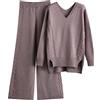 HEONSATI Tuta di Lana in 2 Pezzi Top Manica Lunghi e Pantalone a Gamba Larga Completo Eleganti Casual Comodo Sportswear Donna Invernale in Maglia Sportivo Complete Casa Leggera Polsino Elastico