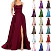 Generic Abito da sera da donna, elegante, lungo, in raso, con spalline sottili, linea ad A, plissettato, per feste, da sera, con spacco laterale
