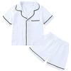 Verve Jelly Set pigiama da bambina T-shirt manica corta Top con tasca + Pantaloni corti Pigiama estivo 2 pezzi Indumenti da notte Camicia da notte abbottonata Camicia da notte bianca 120 5-6 anni