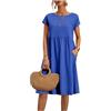 ERICAT Dresses for Women Summer Plus Size Short Sleeves Cotton Linen Midi Dress Trendy Casual Loose Beach Sundress(Blue,2XL)