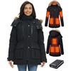 GOTOBI Giacca Riscaldata Donna Con Batteria 12v 18400mah, 8 zone di riscaldamento,Parka lungo da donna caldo e impermeabile con cappuccio in pelliccia sintetica rimovibile,Nero,M