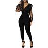 Vagbalena Tuta da Donna Elegante per Il Matrimonio Tuta Estiva a Maniche Lunghe con Scollo a V Tuta con Scollo a V Maglia Sottile a Maniche Lunghe Tuta in Pizzo per Il Partito Indossare (Nero,XL)