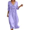 Generico Abito Lino Donna Abito Estivo a Maniche a 3/4 Boho Chic Abiti Vacanza Comodo Taglie Forti Vestito Lungo in Cotone Scollo a V Largo Vestiti da Spiaggia Tinta Unita Morbido e Traspiranti S-3XL