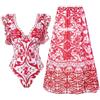 babao Costume da Bagno Intero da Donna 2 Pezzi Monokini Imbottito con Scollo a V e Gonna Lunga Costume da Bagno in Chiffon con Copertura Sarong da Spiaggia