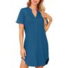 Lovasy Camicia da Notte Donna in Cotone Manica Corta Scollo a V Sexy Sottoveste Curvy con Bottoni Davanti Abito da Notte Estiva con Tasche B Blu S