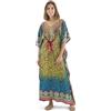 Ethnique Mode Abito Lungo Kaftan Boemiano Stampa Floreale Multicolore, Scollo a V con Dettagli Dorati, Maniche a Farfalla, Turchese., Taglia unica