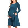 Bearsland Abito premaman da donna a maniche lunghe, patchwork, con tasca, Blu acceso, S