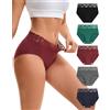 INNERSY Slip Donna Vita Alta Mutande Cotone Mutandine Pizzo Sexy Culotte Traspirante Pacco da 5 (XS, Nero, Grigio, Borgogna, Blu, Verde)