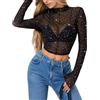 EMOTTOS Top da Donna in Pizzo con Paillettes, Top Corto Sexy con Scollo Rotondo Y2K, Maglietta a Maniche Lunghe Trasparente, Abbigliamento Estivo Slim Fit da Donna, Nero, Taglie S-L