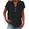 riou Camicia da donna estiva in cotone e lino con bottoni, alla moda, tinta unita, con scollo a V, elegante, basic, per feste, casual, ufficio, originale, comoda, A nero, S
