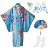KRUIHAN Kimono Bambina Abito Giapponese Vestaglie di Raso per Bambini,Yukata per Matrimoni,Feste e Spettacoli,Cosplay Anime con Ventaglio Pieghevole,Calze Tabi,Maschera e Spilla per Capelli,Blu,140