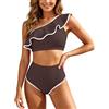 CEWIFO Slip Bikini Vita Alta Top da Bagno con Bordo in Pizzo sulle Spalle, Tankini a Balze sul Davanti, Pezzo Unico, Elegante Abbigliamento da Spiaggia per Le Vacanze estive (Coffee, L)