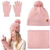Qzakce Sciarpa Guanti Cappello per Donna 3 Pezzi Inverno Caldo Cappello di Bobble con Sciarpa a Maglia e Touch Screen Guanti per Sport all'aperto Sci Regalo di Natale, Rosa