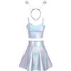 Odizli Alien Costume sexy da donna con glitter metallizzati, top crop + mini gonne + cerchietto alieno, Laser color argento, M